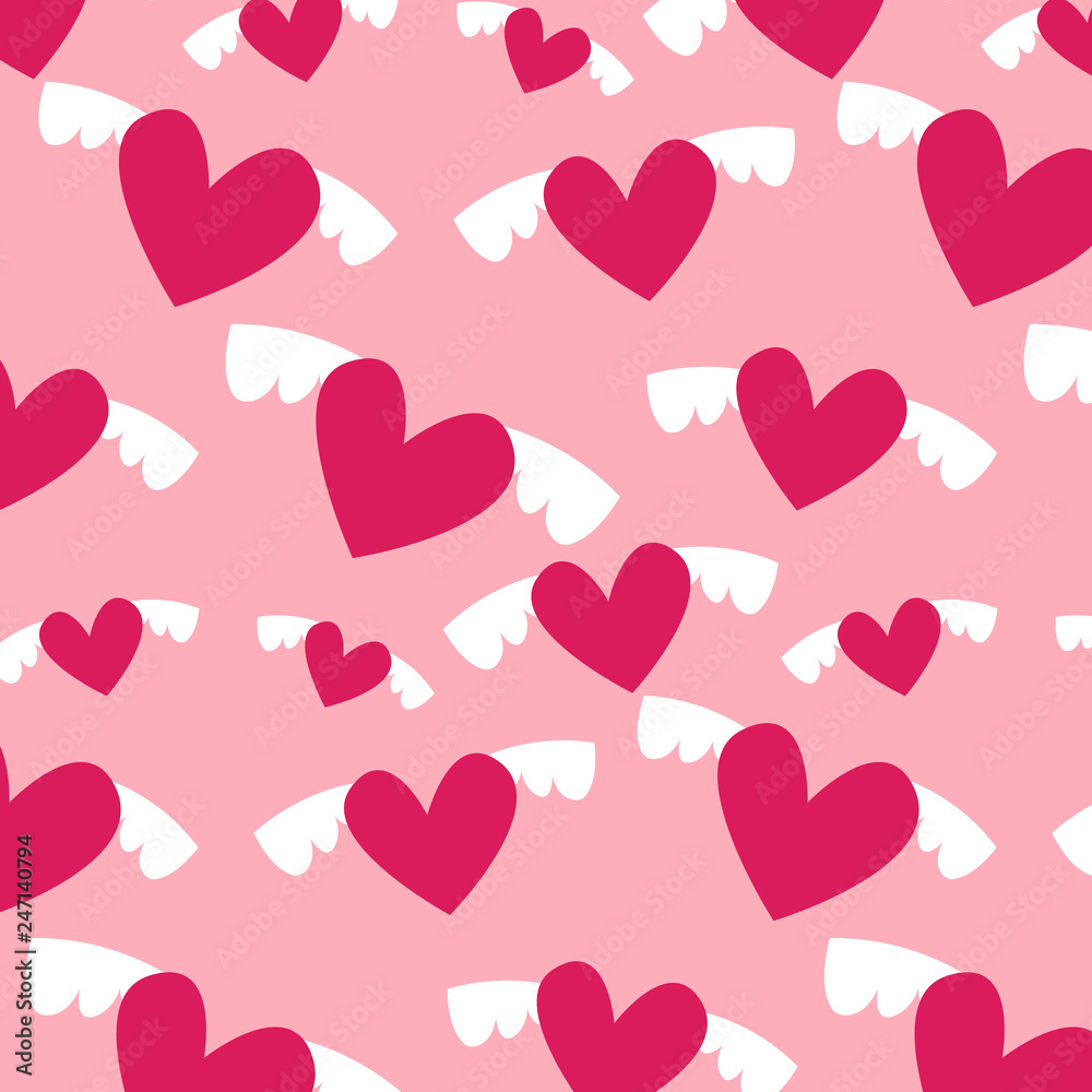 Valentines day pattern with winged pink hearts. Vector design illustration