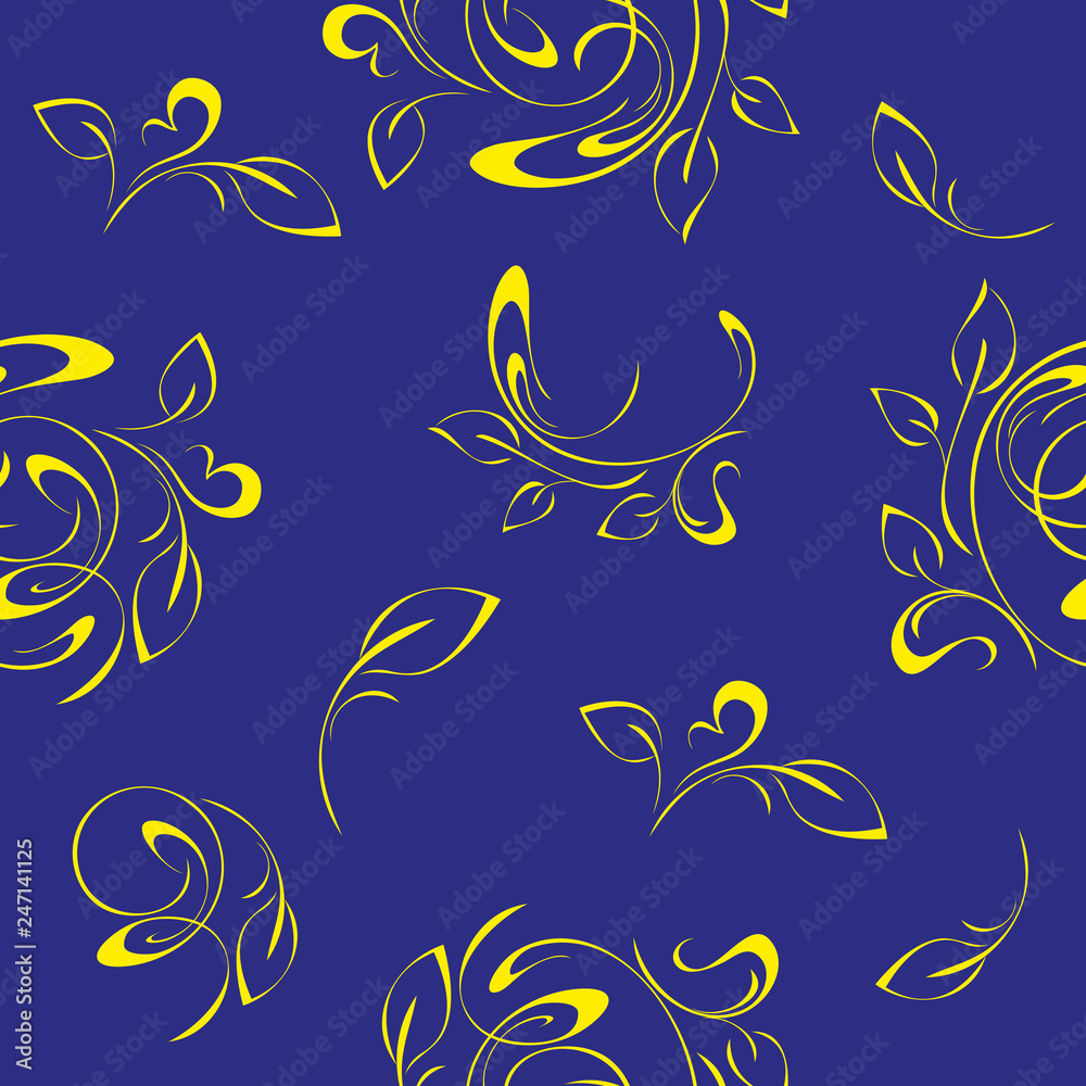 seamless pattern with a yellow abstract pattern with leaves on a blue background