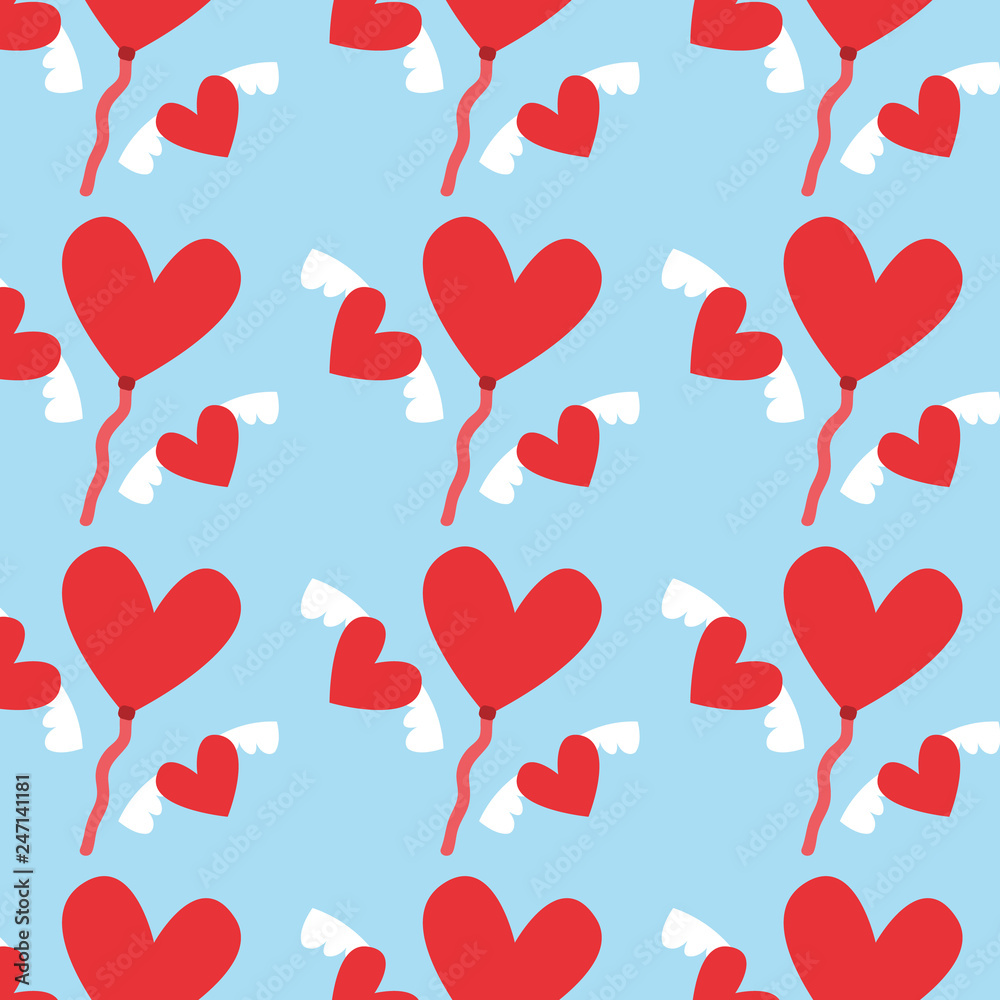 Valentines day pattern. Winged red hearts with red heart balloons. Vector design illustration