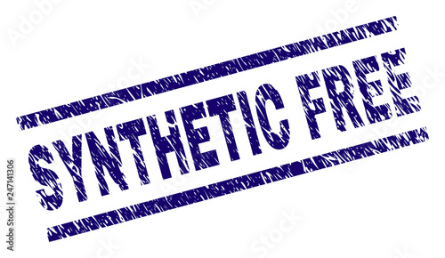 SYNTHETIC FREE seal print with grunge style. Blue vector rubber print of SYNTHETIC FREE text with scratched texture. Text caption is placed between parallel lines.