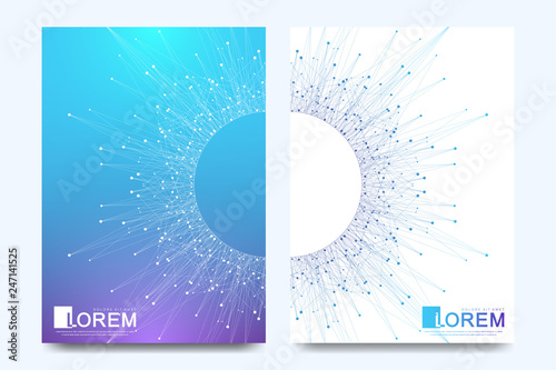 Modern vector template for brochure, leaflet, flyer, cover, banner, catalog, magazine, or annual report in A4 size. Futuristic science and technology design. Presentation with mandala. Lines plexus.