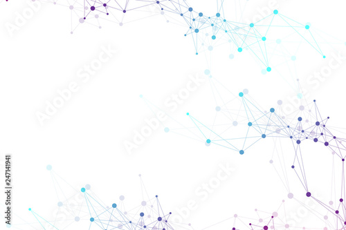 Scientific vector illustration genetic engineering and gene manipulation concept. DNA helix, DNA strand, molecule or atom, neurons. Abstract structure for Science or medical background. Wave flow