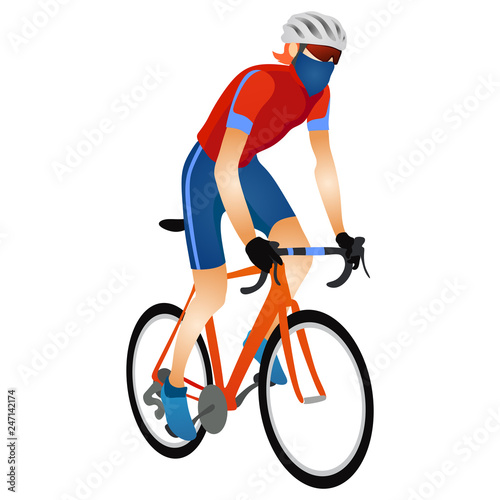 Cartoon young man in helmet riding touring bike