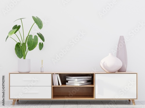 Modern living room interior with a wooden dresser, wall mockup, 3D render