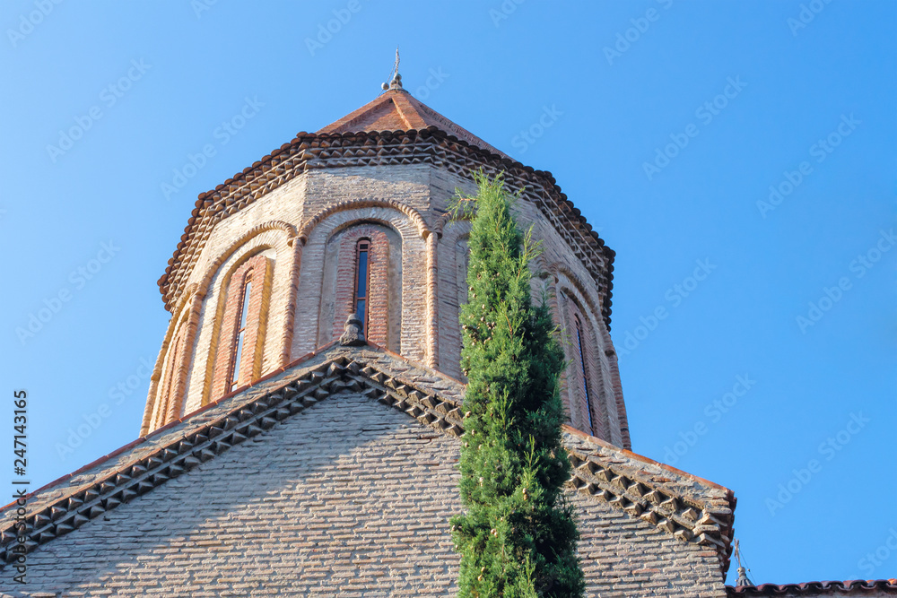 View of ortodox cathedral Jvaris Mama Church and lonely gree tree against clear blue sky in Tbilisi, Georgia.