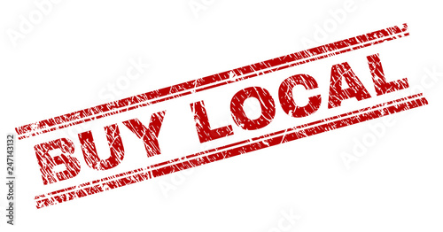 BUY LOCAL seal print with grunge texture. Red vector rubber print of BUY LOCAL title with unclean texture. Text title is placed between double parallel lines.