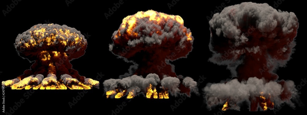 3D illustration of explosion - 3 big different phases fire mushroom cloud explosion of atom bomb with smoke and flame isolated on black background