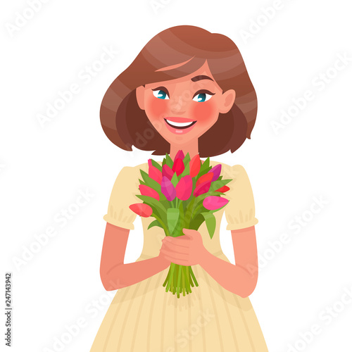 Beautiful woman holding a bouquet of flowers in his hands on a white background. Happy women's day