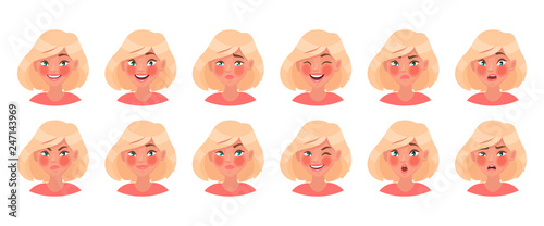 Set of different emotions of a female character. Beautiful girl emoji with a variety of facial expressions
