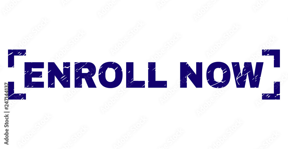 ENROLL NOW text seal print with grunge style. Text label is placed between corners. Blue vector rubber print of ENROLL NOW with corroded texture.