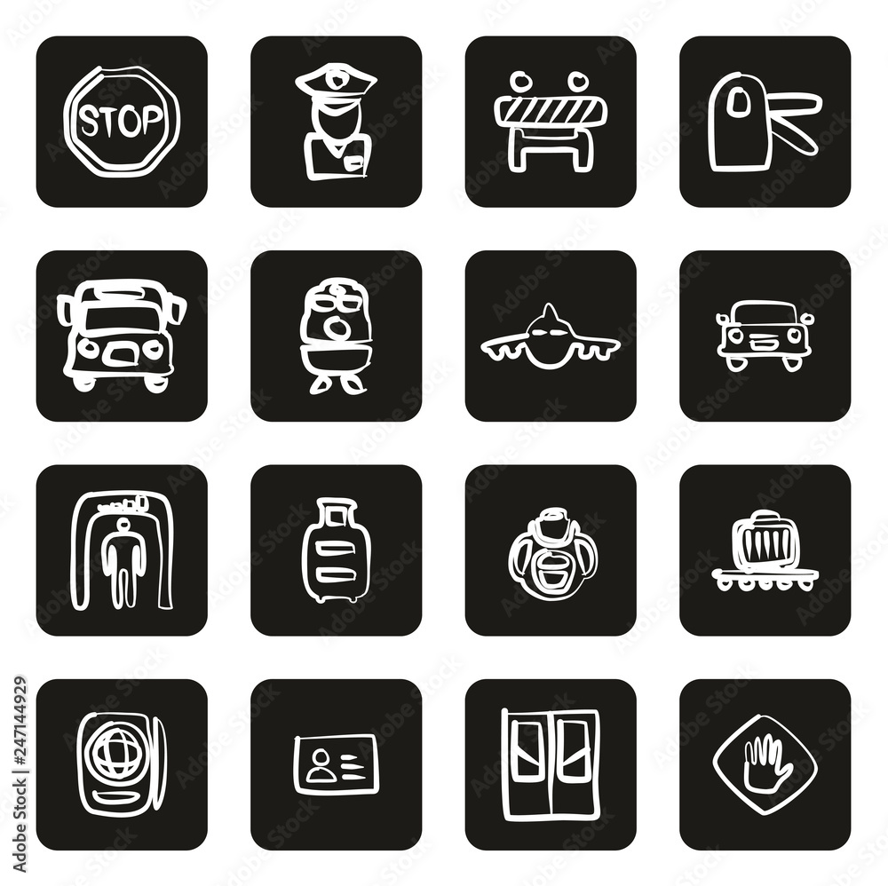 Border Crossing Icons Freehand White On Black Border Crossing Icons Freehand White On Black