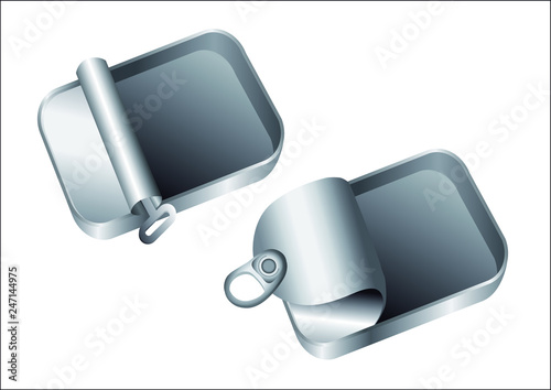 Illustration 3-D sur fond blanc de deux boites de sardines ouvertes, avec un système d’ouverture différente pour chaque boite au rendu métallique couleur argent.