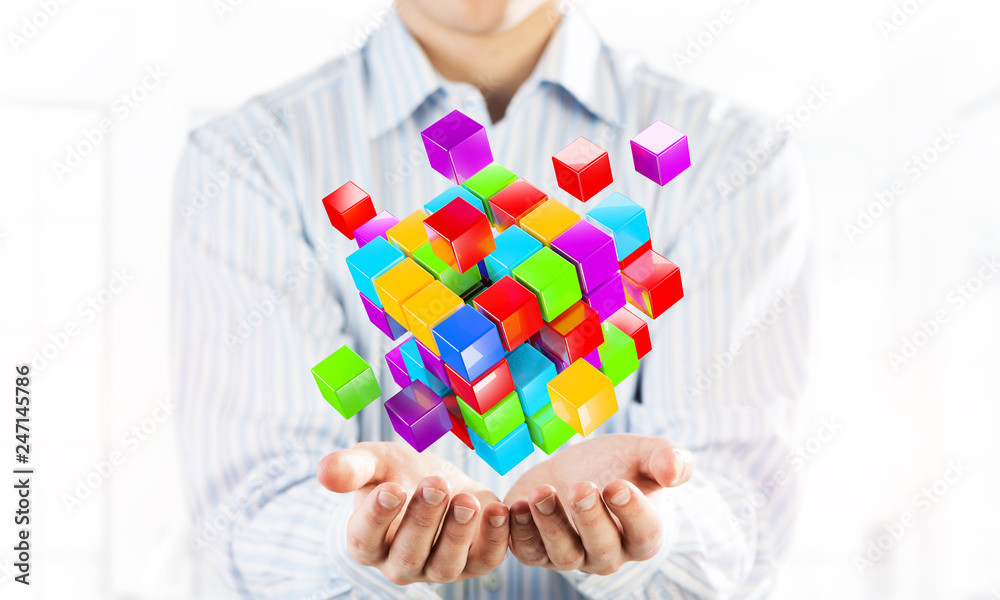 Concept of technology integration and innovation presented by cube figure. Mixed media