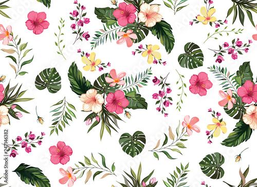 Floral tropical  seamless pattern background with exotic flowers, jungle leaves, monstera leaf, orchid, bird of paradise flower white background