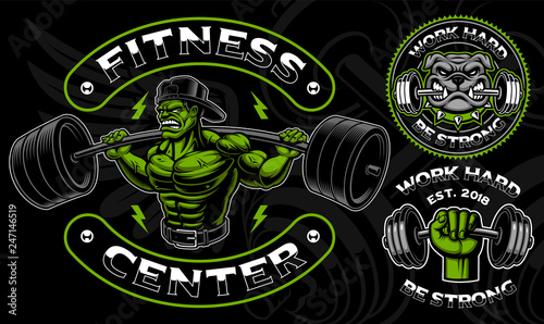 Set of vector badges, logos, shirt designs for the gym.