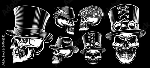 Set of black and white vector skulls