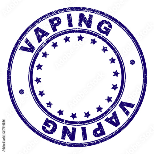 VAPING stamp seal imprint with distress texture. Designed with circles and stars. Blue vector rubber print of VAPING label with grunge texture.