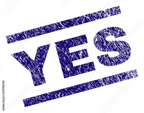 YES seal print with scratced style. Blue vector rubber print of YES text with retro texture. Text tag is placed between parallel lines.