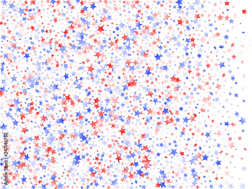 Flying red blue white star sparkles on white vector american patriotic background.