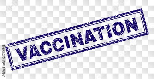 VACCINATION stamp seal watermark with rubber print style and double framed rectangle shape. Stamp is placed on a transparent background. Blue vector rubber print of VACCINATION text with dust texture.