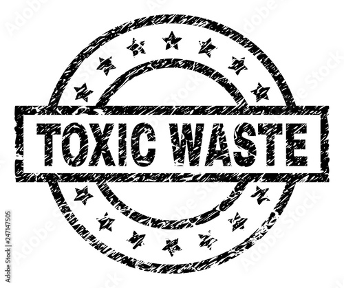 TOXIC WASTE stamp seal watermark with distress style. Designed with rectangle, circles and stars. Black vector rubber print of TOXIC WASTE caption with dirty texture.