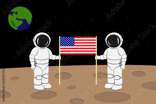 Two American astronauts standing on moon surface and holding banner with USA flag. Vector illustration.