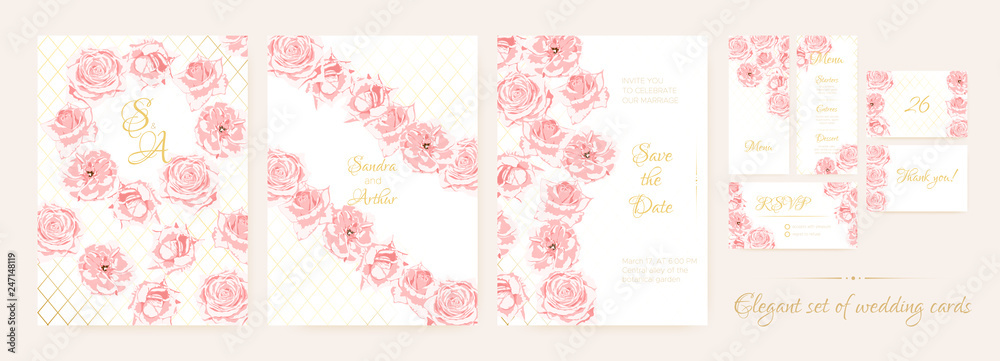 Wedding Cards Set with Delicate Pink Roses.