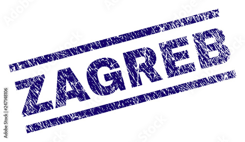 ZAGREB seal stamp with scratced style. Blue vector rubber print of ZAGREB caption with unclean texture. Text caption is placed between parallel lines.