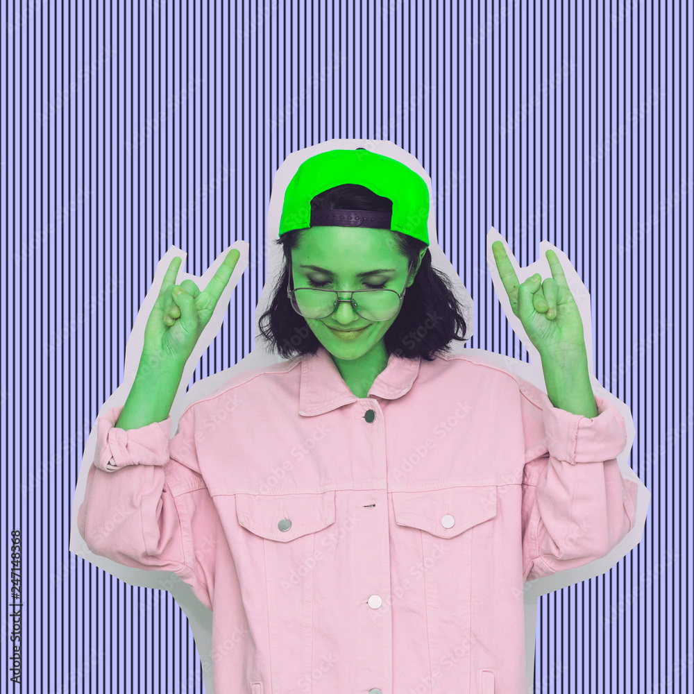 Collage poster art of pretty alien green girl in sunglasses, denim jacket  and baseball cap on purple background with lines. Retro style of magazine  cutting Stock Photo | Adobe Stock
