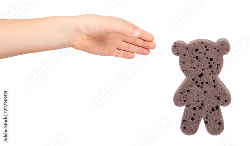 Bild auf Leinwand Kids hand with bathroom sponge, soft foam for body care.