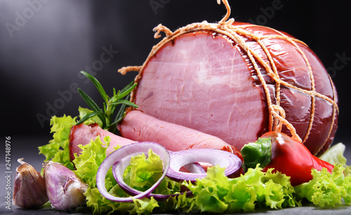 Composition with piece of ham. Meatworks products photo