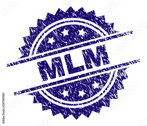 MLM stamp seal watermark with distress style. Blue vector rubber print of MLM tag with dust texture.