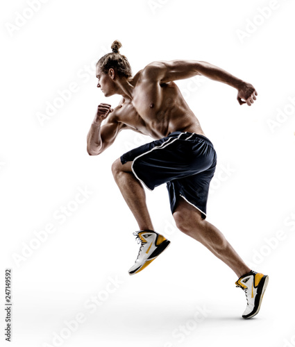 Muscular man runner in silhouette. Photo of shirtless muscular man isolated on white background. Dynamic movement. Side view. Full length
