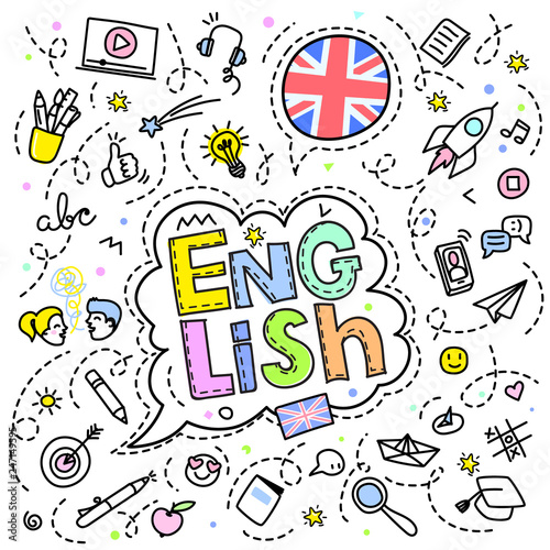 Concept of traveling. British flag with line art icons.