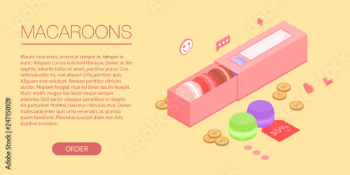 Macaroons red box banner. Isometric illustration of macaroons red box vector banner for web design