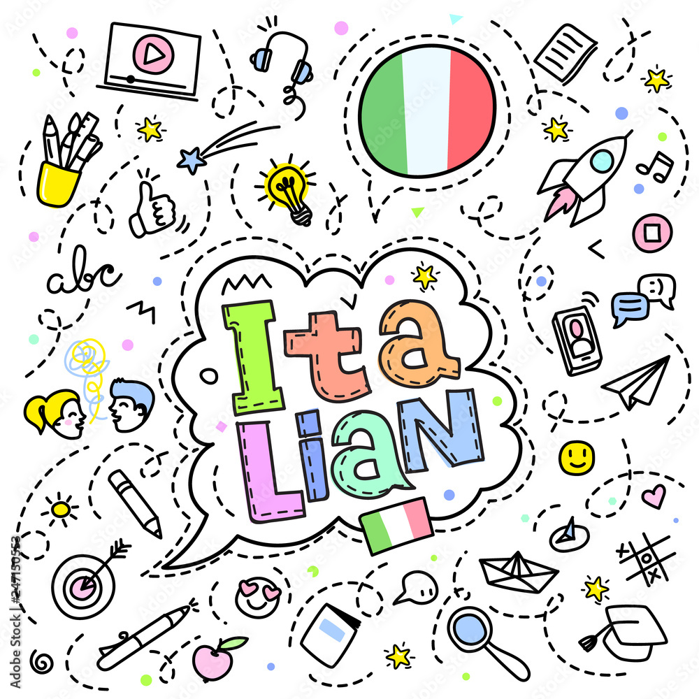 Concept of traveling. Italian flag with line art icons.