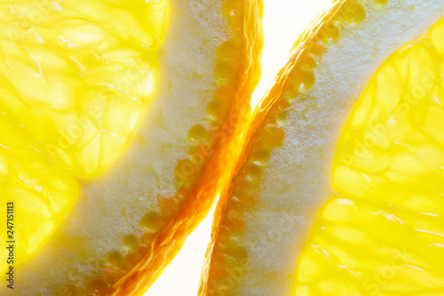 Orange Slices on White background. Shining Through. Macro Image of Ripe Orange for Background.