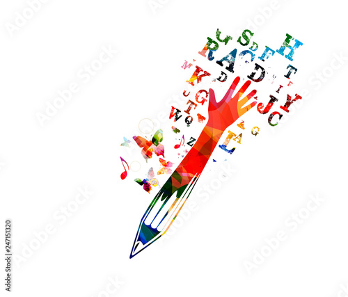 Colorful pencil with arm raised and alphabet letters vector illustration. Education and crative writing concept, tutorials, training classes, lessons and courses