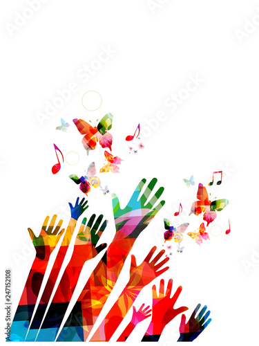 Human hands with butterflies and music notes colorful vector illustration design