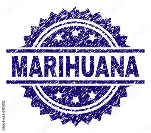 MARIHUANA stamp seal watermark with distress style. Blue vector rubber print of MARIHUANA text with dust texture.