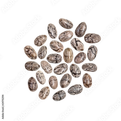 Group of chia seeds close together and isolated on white background