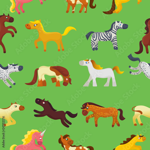 Cartoon horse vector cute animal of horse-breeding or kids equestrian and horsey or equine stallion illustration childly animalistic horsy set of pony zebra character background pattern