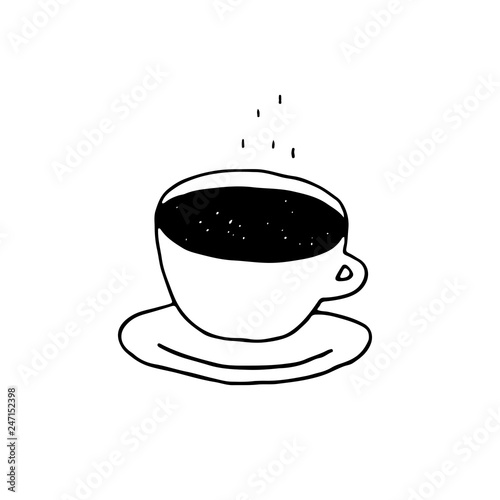 Cute cartoon hand drawn coffee cup icon. Sweet vector black and white coffee cup icon. Isolated monochrome doodle coffee cup icon on white background.