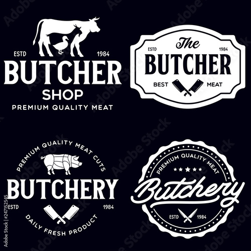 Set of Butcher Shop and Butchery hand written lettering logo, label, badge, emblem. Template for shop, cover, sticker, print, business works. Vintage retro style.