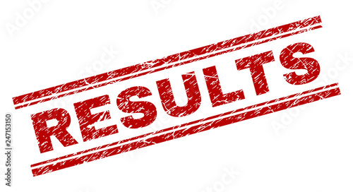 RESULTS seal print with grunge texture. Red vector rubber print of RESULTS text with unclean texture. Text caption is placed between double parallel lines.