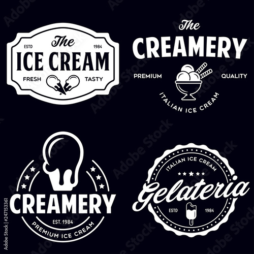 Set of vintage ice cream shop logo badges and labels, gelateria signs. Retro logotypes for cafeteria or bar.
