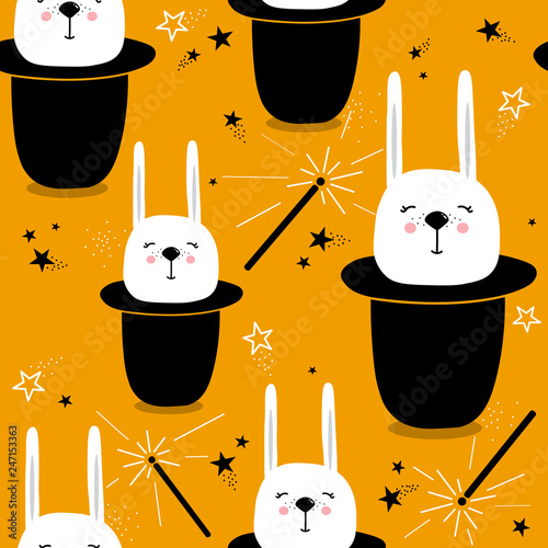 Rabbits in hats, magic wands, stars, hand drawn backdrop. Colorful seamless pattern with muzzles of animals. Decorative cute wallpaper, good for printing. Overlapping colored background vector