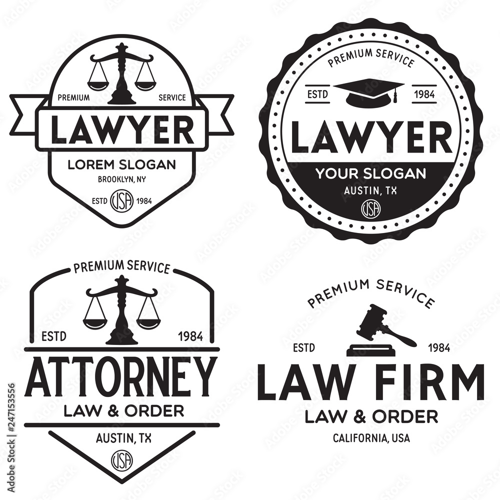 Law office logotypes set with scales of justice, gavel etc illustrations. Vector vintage attorney, advocate labels, juridical firm badges collection. Act, principle.