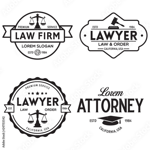 Law office logotypes set with scales of justice, gavel etc illustrations. Vector vintage attorney, advocate labels, juridical firm badges collection. Act, principle.