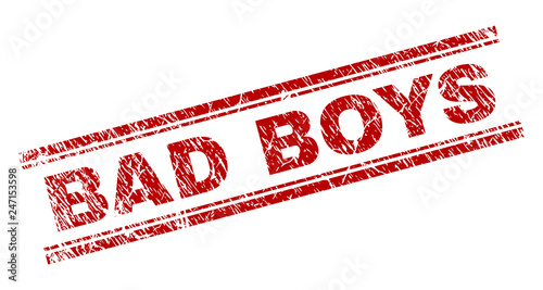 BAD BOYS seal print with grunge texture. Red vector rubber print of BAD BOYS title with unclean texture. Text caption is placed between double parallel lines.